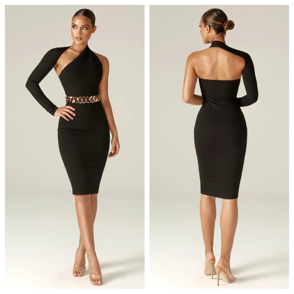 Alieva Dasha Modern Midi One Shoulder Dress in Black